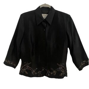 Vision Apparel Womens Blazer 10 Blouse 100% Silk 3/4 Sleeve Black Beads Sequins